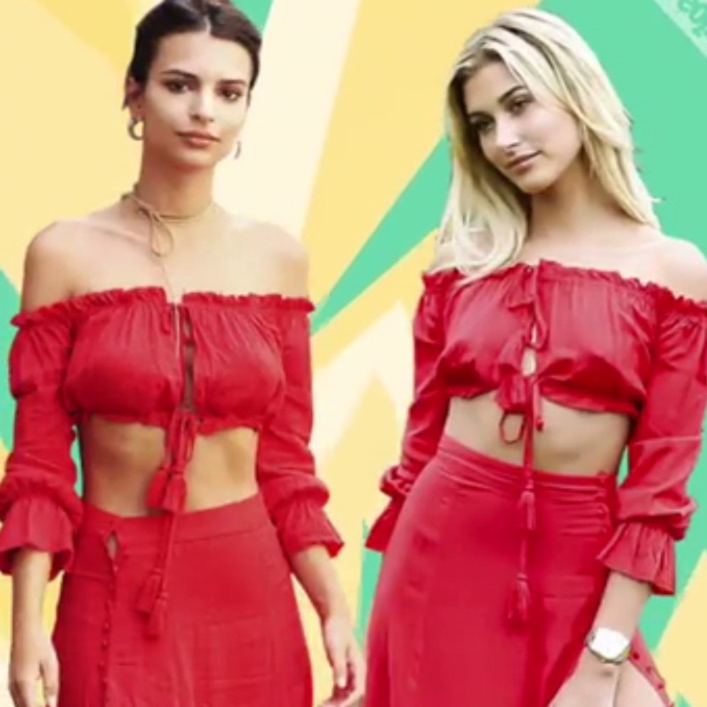 MAJORELLE Red Off-Shoulder Muscle Tee Crop Top